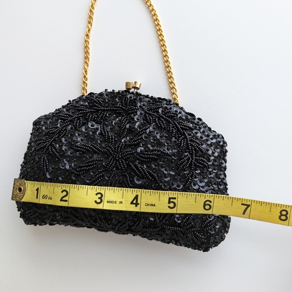 Vintage Petite Black Sequin and Beaded Evening Bag with Chain Handle - Picture 3 of 7
